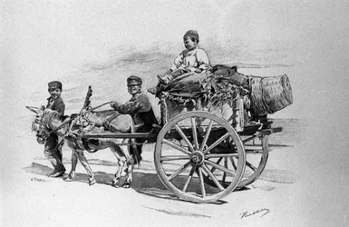Niños del pueblo en un carro tirado por un burro. Grabado del siglo XIX