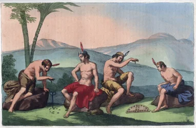 Indios nativos chilenos jugando al Queciu y a los Porotos, Chile - grabado de «Usi e Costumi di Tutti i Popoli dell