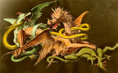 Quimeras Un dragón luchando contra dos monstruos. Grabado del siglo XIX.