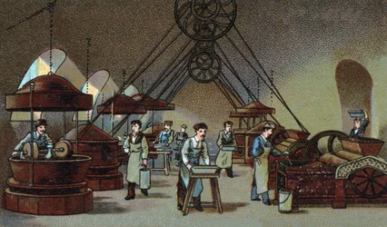 Fabricación de chocolate: taller de molienda. Cromolitografía de finales del siglo XIX