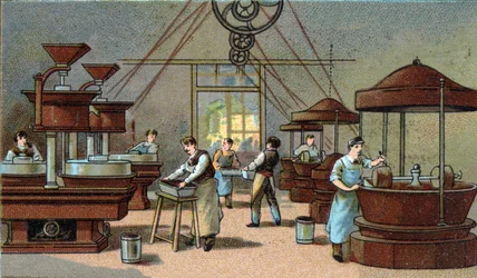 Fabricación de chocolate, sala de mezclas. Cromolitografía de finales del siglo XIX