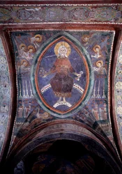 Cristo del Apocalipsis con la espada de doble filo que sale de la boca, fresco del siglo XIII