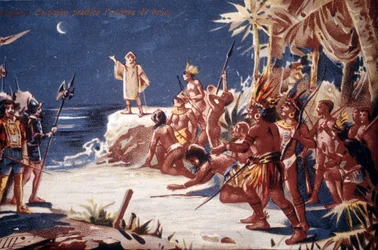 Cristóbal Colón predice el eclipse de luna a los indios. Cromolitografía del siglo XIX