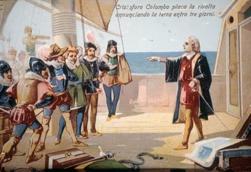 Cristóbal Colón detuvo la revuelta de la tripulación anunciando la tierra en tres días. Cromolitografía del siglo XIX