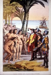Desembarco de Cristóbal Colón en San Salvador (Bahamas) el 12/10/1492: los primeros indios aparecieron ante Colón. Grabado de 1850