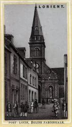 Iglesia parroquial de Port Louis (Port Louis) País de Lorient, Morbihan, Bretaña. Cromolitografía de finales del siglo XIX