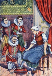 Cenicienta prueba la zapatilla. Ilustración anónima para "Cenicienta", cuento de Charles Perrault (1628-1703), escritor francés. Imágenes Marcel Vagne, Jarville Nancy, sin fecha (finales del siglo XIX)