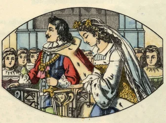 La boda de Cenicienta con el príncipe. Ilustración del cuento de Charles Perrault “Cenicienta o La pequeña zapatilla de cristal”.