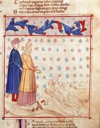 Círculo de los Traidores: Dante y Virgilio se encuentran con Ugolino della Gherardesca, tirano de Pisa y condenado por traición a la patria, golpea la cabeza del Arzobispo Ruggeri. Página iluminada que ilustra el canto 33 del Infierno de la 
