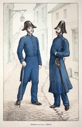 Sargentos de la ciudad (1829-1830). Ilustración de “Histoire du corps des gardiens de la paix” libro publicado bajo los auspicios de Louis Lepine (1846-1933), prefecto de policía de la Seine, por Alfred Rey (1864-?) y Louis Feron (1862-?)