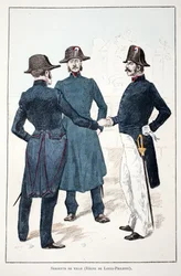 Sargentos de la ciudad, reinado de Luis Felipe I (Luis Felipe) de Orleans (1773-1850). Aguafuerte en colores, para ilustración “Historia del cuerpo de los guardianes de la paz” libro publicado bajo los auspicios de Louis Lepine (1846-1933) prefecto de poli