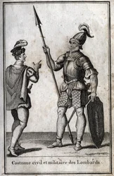 Traje civil y militar de los lombardos (Lombardía) en la Edad Media. Grabado en “Beaute de l