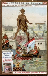 Coloso famoso: el Coloso de Rodas (Apolo, Helios) (altura 32 metros), el escultor Cares de Lindos (siglo IV a. C.); la flota de Rodas saliendo del puerto (Grecia) - cromolitografía Liebig