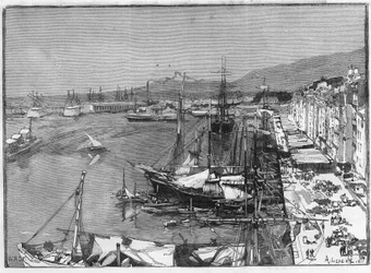 Buque comercial y arsenal en el puerto de Toulon (Var), Francia. Grabado en “Le Monde Illustré”.