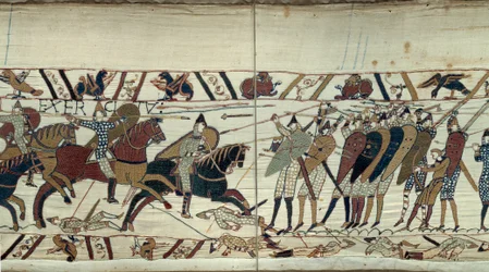 Conquista de Inglaterra por Guillermo el Conquistador (1027-1087) en 1066, escena de combate entre la caballería normanda cargando contra la infantería sajona del rey Harold II de Inglaterra (detalle) Tapiz de Bayeux o Bordado de la Reina Matilde