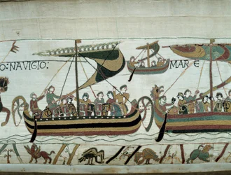 Conquista de Inglaterra por Guillermo el Conquistador (1027-1087) en 1066: las flotas normandas se dirigen a Inglaterra (detalle) Tapiz de Bayeux o Bordado de la Reina Matilde
