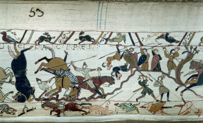 Conquista de Inglaterra por el Duque de Normandía Guillermo el Conquistador en 1066: La batalla de Hastings (detalle del Tapiz de Bayeux)
