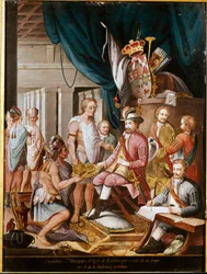 Conquista de México: Moctezuma II, emperador azteca (1466-1520) ofrece regalos al conquistador Hernán Cortés (1485-1547) y jura lealtad al Reino de España