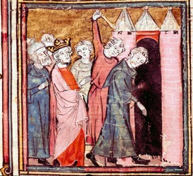 Conspiración contra Luis el Piadoso (778-840) emperador de Occidente, su hijo Lotario le impuso una penitencia pública en el monasterio de Saint Medard de Soissons en 833. Miniatura de 