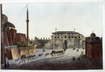 Constantinopla: Puerta del Serrallo. Solimán el Magnífico fue el primero en llevar a toda su corte y harén, excepto a aquellos que habían vivido con sus predecesores. En “El traje antiguo y moderno”