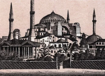 Constantinopla, Turquía: vista de la mezquita de Santa Sofía (Hagia Sophia o Haghia Sophia). en "El mundo ilustrado 168 vistas" Sin fecha (finales del siglo XIX)