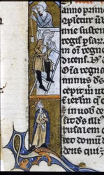 Construcción de un monasterio: trabajadores y rey supervisor. Iluminación de un manuscrito de mediados del siglo XIII. Biblioteca Trivulziana