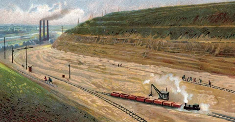 Construcción del Canal de Albert en los años 30, que conecta el puerto de Lieja con el puerto de Amberes, Bélgica (Excavación del Canal de Albert en los años 30 (treinta) entre Amberes y Lieja, Bélgica) Cromolitografía