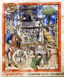 Construcción de la Torre de Babel. Miniatura del códice 212 (o códice padovano o Biblia de Padua) 1390-1400 Rovigo, Accademia dei Concordi