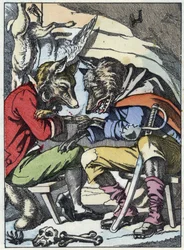 Conversación entre el lobo y el zorro. Ilustración del cuento "Compere le Loup, Maitre Renard, Comere la Chevre et ses petits biquets" después de una fábula de Jean de la Fontaine. En "Cuentos del hogar para los pequeños". Grabado anónimo del siglo XIX