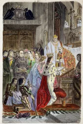 Coronación del emperador Otón I (912-973) por el papa Juan XII en 962 - en «Histoire des papes», de Maurice La Châtre