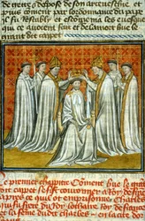 Coronación de Hugo Capeto (987) por Adalberón (ca. 925-990), arzobispo de Reims - miniatura sobre vitela del manuscrito medieval «Grandes Crónicas de Saint-Denis», finales del siglo XIV (ref. 512)