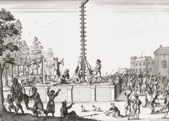 Cadáveres de Johan y Cornelis de Witt colgados en la horca.