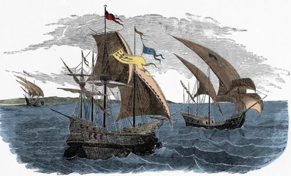 La flota de Cortés navegando hacia México - Colonización española de las Américas: la armada de Hernán Cortés (circa 1485-1547) navega hacia México