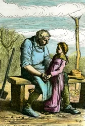 Cosette y Jean Valjean. Ilustración para la novela "Los miserables" de Victor Hugo (1802-1885) Grabado de 1865