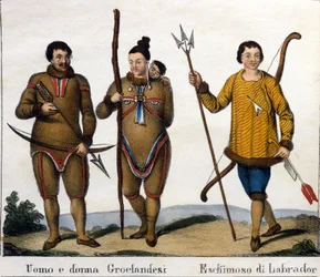 Traje. Izquierda: Pareja de esquimales de Groenlandia con su hijo. Derecha: Esquimal de Labrador. Litografía de principios del siglo XIX