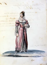 Traje de dama joven de la nobleza de Siracusa dibujado por Gironi para la ópera “Tancredi” (Tancredo) de Gioacchino Rossini. 1813