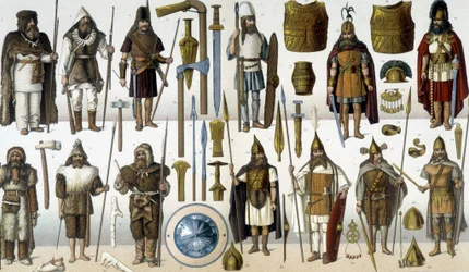 Trajes, armaduras y armas de guerreros bárbaros
