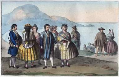 Trajes de los habitantes de Concepción, Chile - grabado de «Usi e Costumi di Tutti i Popoli dell