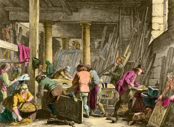 Artesanía: Taller del Sieur Jadot ebanista. Trabajadores en el siglo XVIII. Grabado del siglo XIX. Colección privada