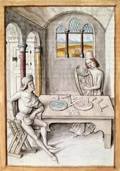 Artesanía: fabricante de arpas. Un taller de fabricación de instrumentos. Miniatura de un manuscrito de “Las fábulas de Bidpai”