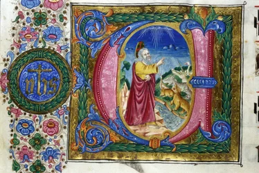Creación: Dios ante las criaturas de la Tierra. Manuscrito del siglo XV. Bibl. Nazionale Braidense, Milán.