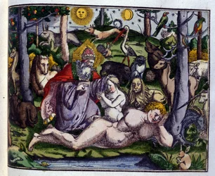 Creación: Dios representado rodeado de seres humanos y animales (perro, grulla, león, ciervo, castor, mono, unicornio, jabalí, loros, conejo...), según Historiae animalium de Konrad Gesner, Tiguri