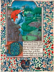 Creación, el séptimo día: el Creador sobrevuela su obra. Paisaje con animales. Miniatura del Libro de Horas de la Condesa de Bretiandos