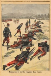 Maniobras de arrastre en el ejército, experimentación con nuevas pulseras de tampones, que protegen la palma de las manos. Grabado en "Le petit journal" 16/08/1896. Colección Selva