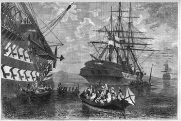 Revuelta cretense de 1866-1869 (insurrección de la isla de Creta contra el Imperio Otomano): familias cretenses buscando asilo en barcos de potencias neutrales. Grabado en "El Universo Ilustre"