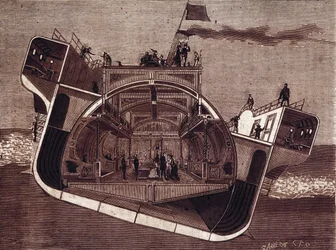 Sección transversal de un barco diseñado contra el mareo por Henry Bessemer (1813-1898). Grabado del siglo XIX.