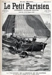 Cruzando el canal en velocípedo: un barco pesquero recoge a Georges Pinkert en el mar, quien había apostado cruzar el canal con el velocípedo acuático que había inventado. Grabado en 