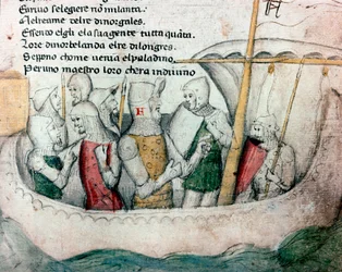 Cruzados en una barca. Ilustración para el poema toscano «Febusso e Breusso». Manuscrito MS.B.R.45. Siglo XV. Florencia, Biblioteca Nazionale