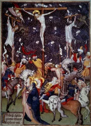 Crucifixión. Ángeles negros vuelan alrededor de los cuerpos de los condenados. Romanos a caballo rodean la cruz para contemplar la escena. Miniatura de un manuscrito del siglo XV. París, B.N.