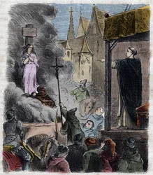 Cruzada contra los Albigenses - Herejes quemados vivos: Cátaros en la hoguera, en el tiempo de la cruzada contra los Albigenses en Francia siglo XIII - Grabado de 1879 en 